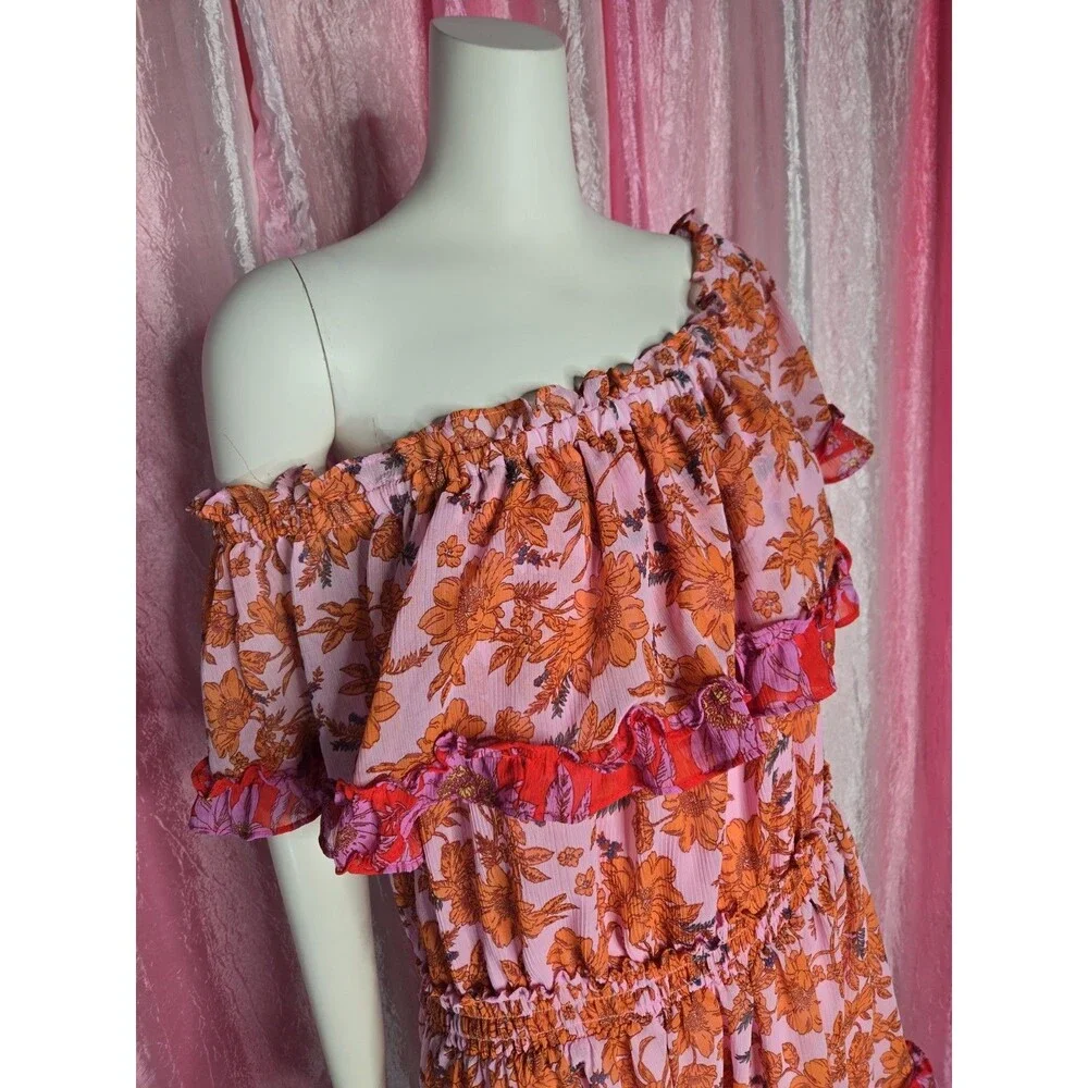 Jessica Simpson Boho Pink Orange Off Shoulder Amelia Ruffles Dress Size 1X